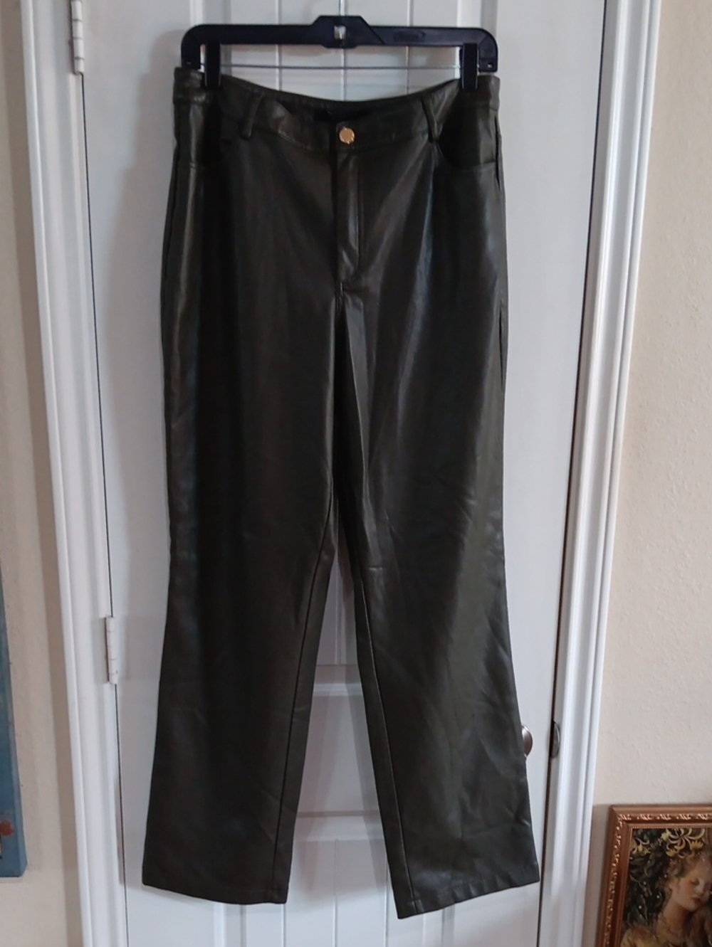 Marc New York Faux Leather Straight Leg Pants 12 Olive Dark Army Green High Rise